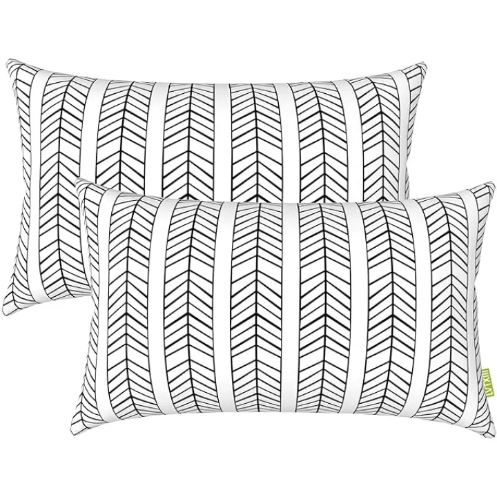 LVTXIII Set of 2 Patio Lumbar Pillows, 12”x20” Fade Resistant Outdoor Lumbar Pillow with Inners, Fluffy Decorative Garden Lumbar Cushions for Home Patio Coach Sofa Use, Herringbone Black White