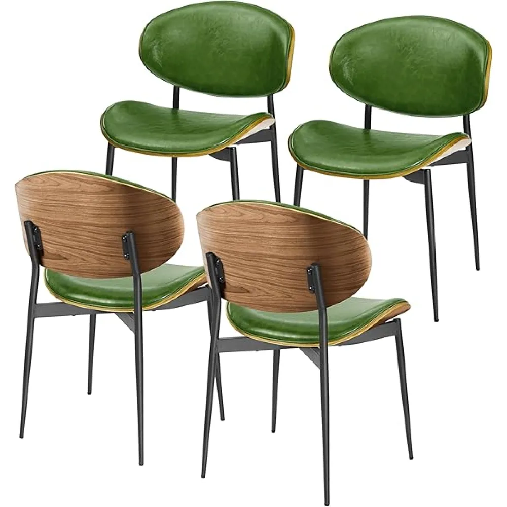 Art Leon Dining Chairs Set of 4, Walnut Bentwood, Mid Century Modern Chair, Green Faux Leather Kitchen Dining Room Chairs with Black Metal Legs, Accent Chairs for Bedroom