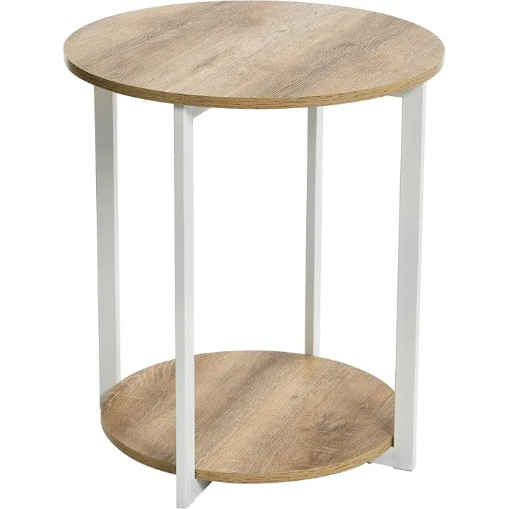 Household Essentials Jamestown Round Side End Table with Storage Shelf Coastal Oak Rustic Wood Grain and White Metal