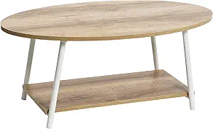 Household Essentials Jamestown Oval Coffee Table with Storage Shelf Coastal Oak Rustic Wood Grain and White Metal