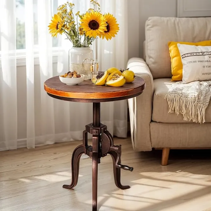 Industrial Iron Adjustable Crank Accent Table,Walnut Wood Top/Copper Home Decor Crank End Table