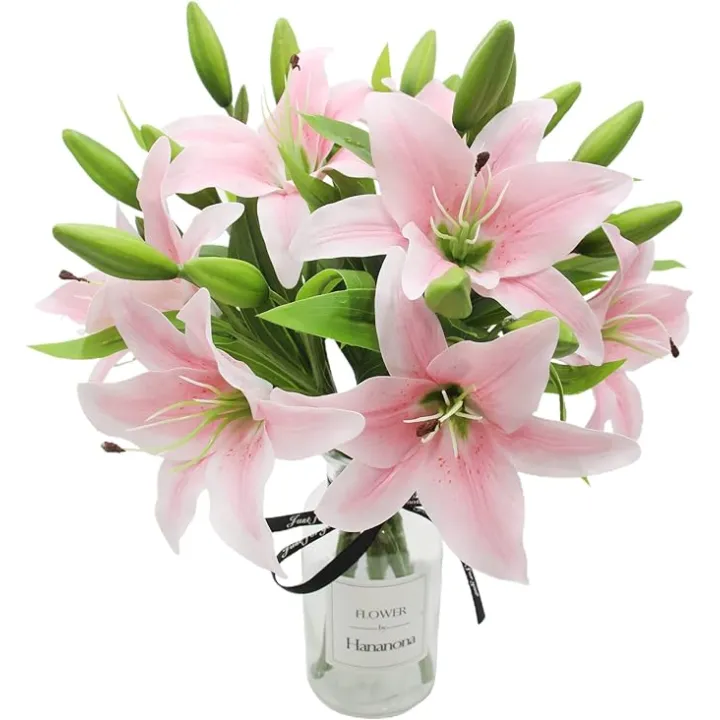 Hananona 8 Pcs Artificial Tiger Lily Real Touch Fake Easter Lily Flowers for Wedding Home Party Easter Decoration Plastic Lily Faux Flowers (Light Pink, 8)