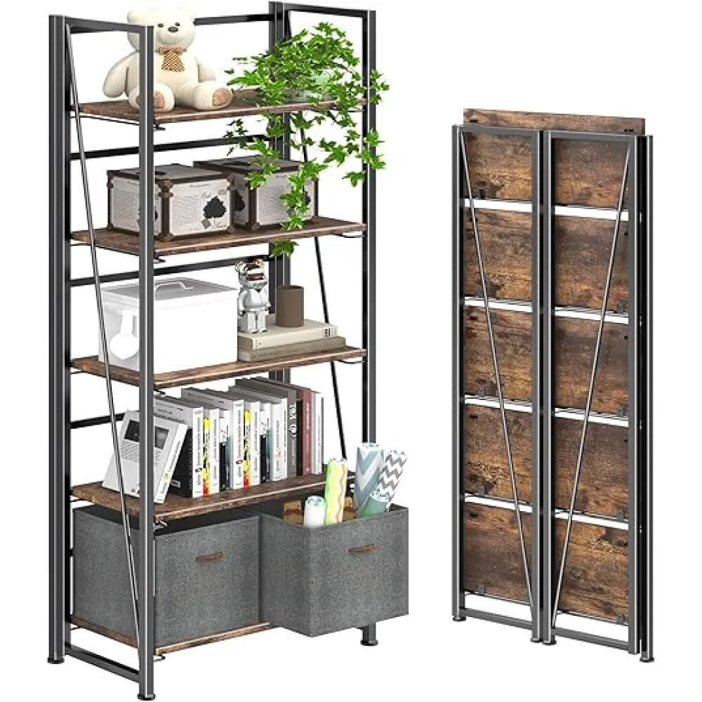 4NM No-Assembly Folding Bookshelf Storage Shelves 5 Tiers Vintage Bookcase Standing Racks Study Organizer Home Office (Rustic Brown and Black)
