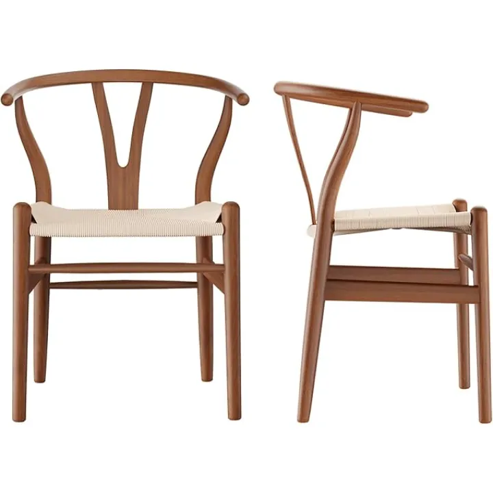 Tomile Solid Wood Wishbone Chair Y Chair Mid-Century Armrest Dining Chair, Hemp Seat (Ash Walnut Color, Pack of 2)