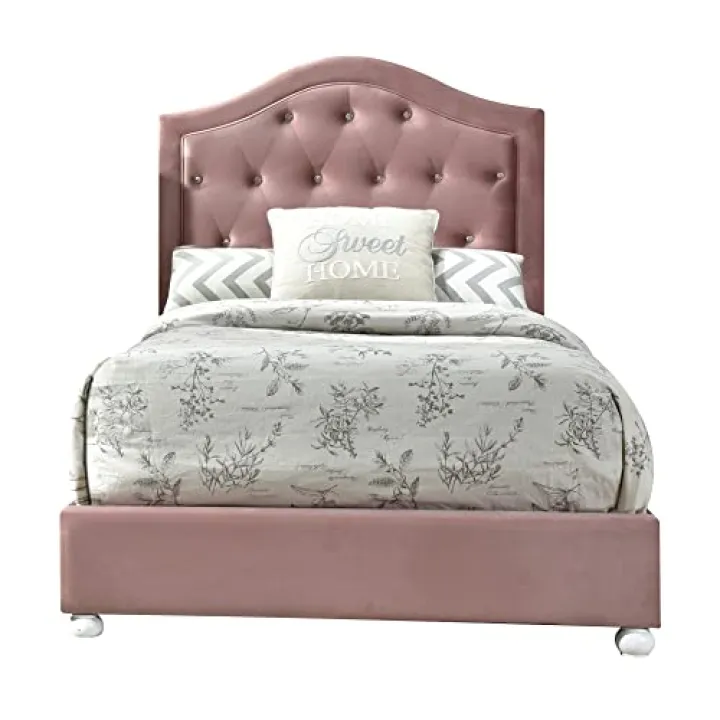 Benzara Full Bed with Button Tufted Arched Headboard, Pink