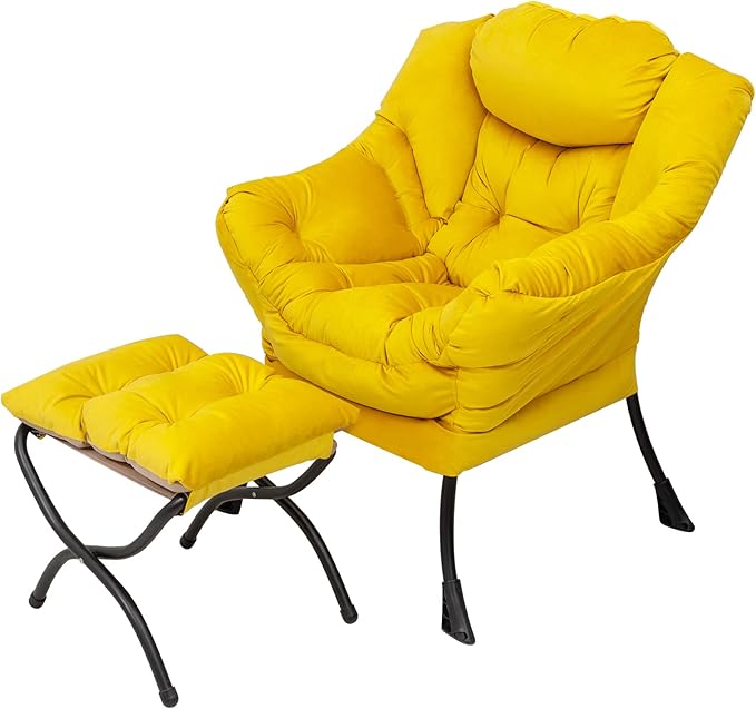 Welnow Lazy Chair with Ottoman, Modern Lounge Accent Chair with Armrests and a Side Pocket, Leisure Sofa Armchair, Reading Armchair with Footrest for Small Space, Yellow