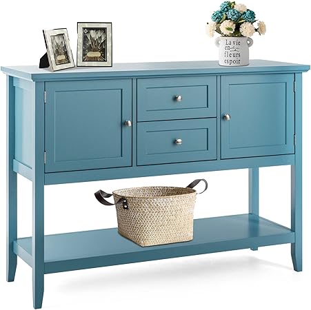 COSTWAY Buffet Sideboard, with 2 Wood Storage Drawers & Open Shelf, Console Table for Living Room Kitchen Dining Room Furniture (Blue)