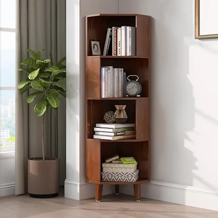 WILK Cube Corner Bookshelf Bamboo Corner Bookcase, Brown (13.8(L) x 13.8(W) x 58.5(H))