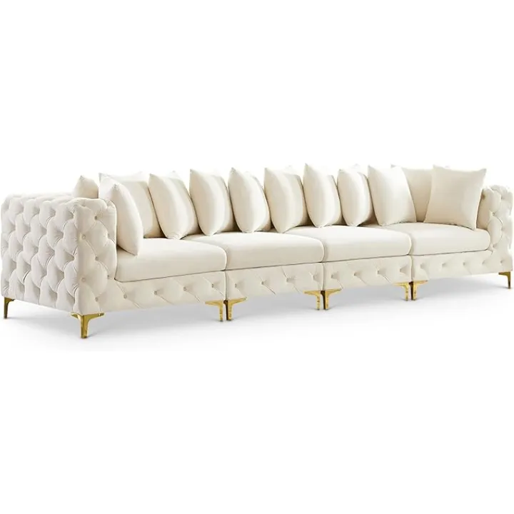 Meridian Furniture 686Cream-S138 Tremblay Collection Modern | Contemporary Velvet Upholstered Modular Sofa, Cream, 139" W x 40" D x 33" H