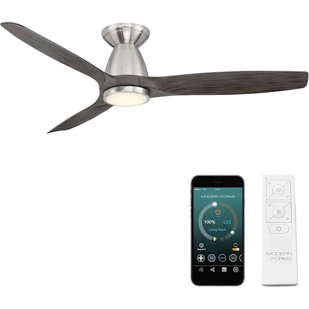 Skylark Smart Indoor and Outdoor 3-Blade Flush Mount Ceiling Fan 54in Brushed Nickel/Ebony Adjustable CCT 2700K-3000K-4000K-5000K LED Light Kit and Remote Control works with Alexa, iOS or Android App