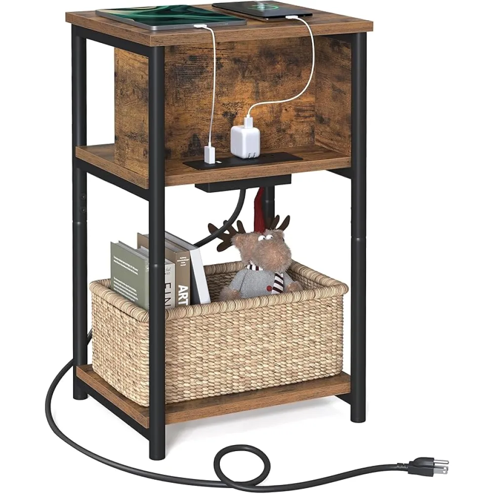VASAGLE Side Table with Charging Station, 3-Tier End Table with USB Ports and Outlets, Nightstand for Living Room, Bedroom, 11.8 x 13.4 x 22.8 Inches, Plug-in Series, Rustic Brown and Black