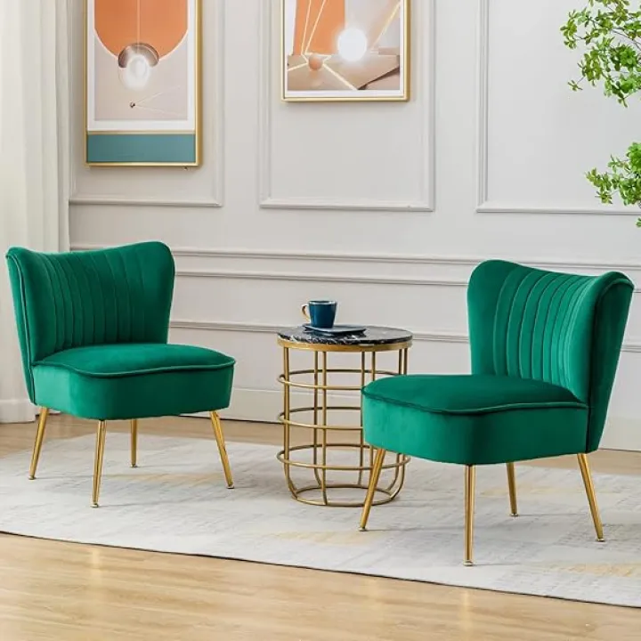 CIMOTA Velvet Accent Chair Set of 2, Mid Century Armless Slipper Chairs with Gold Legs, Comfy Upholstered Single Sofa Chiars Wingback Side Chairs for Living Room/Bedroom/Vanity/Guest Room, Green