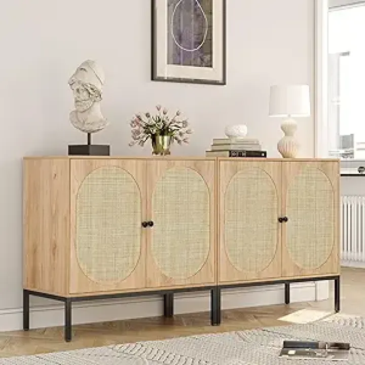 Yechen Set of 2 Sideboard Cabinet with Natural Rattan Hand-Woven Doors, 63" Rattan Cabinet, Accent Buffet Storage Console Cane Credenza, for Living Room Entryway, Metal Legs/Natural
