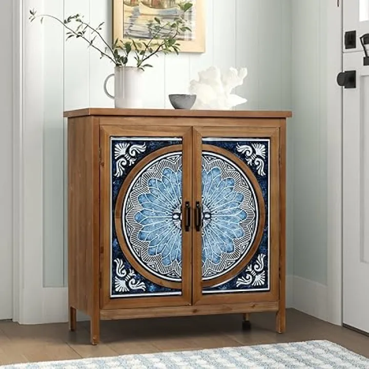 Sophia & William 2-Door Accent Cabinet, Distressed Storage Cabinet with Blue and White Porcelain Pattern for Entryway Living Room
