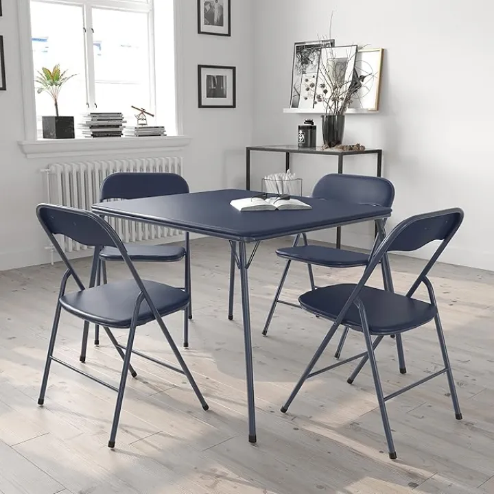 EMMA + OLIVER 5-Piece Multipurpose Folding Card Table and Chairs Set for 4 Players, Padded Top Portable Square Folding Table and Chairs Set, Navy