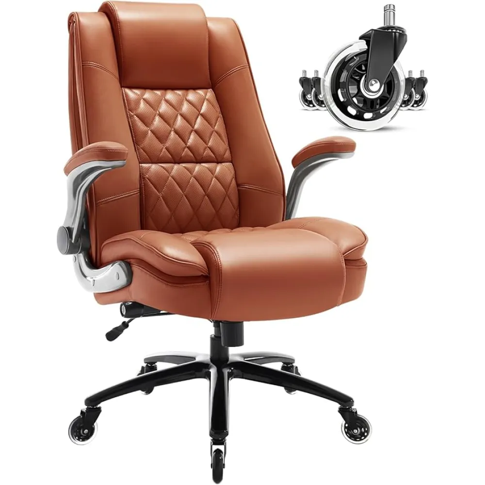 EZAKI High Back Office Chair-Flip-up Arms Executive Computer Desk Chair, Built-in Lumbar Support Thick Padded Adjustable Rock Tension Ergonomic Design for Back Pain (Brown)
