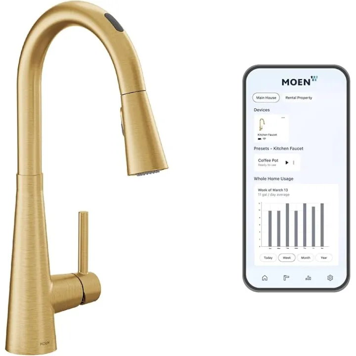 Moen 7864EVBG Sleek Smart Touchless Pull Down Sprayer Kitchen Faucet with Voice Control and Power Boost, Includes Optional Chrome Accents, Brushed Gold