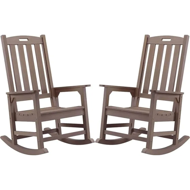 Psilvam Oversized Outdoor Rocking Chair Set of 2, Porch Rocker with 21" Wide Seat and 32" Tall Backrest, Pre-Assembled with Most Components for Effortless Installation (Brown)