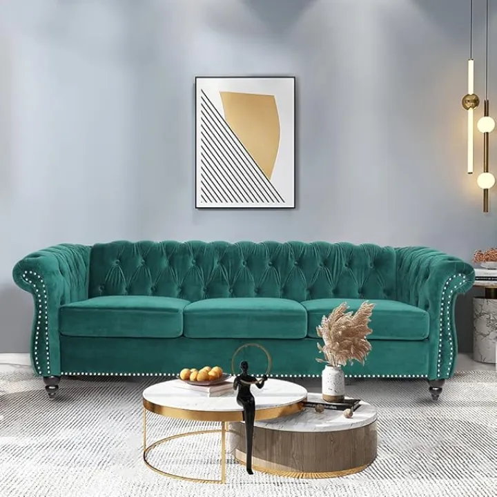 LEVNARY Three-Seat Velvet Sofa, Large Sofa Classic Tufted Chesterfield Settee Modern 3 Seater Couch Furniture Tufted Back for Living Room, Green