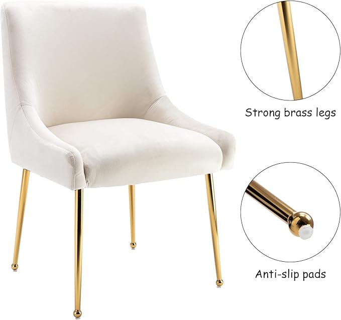 ZHENGHAO Mid Century Modern Dining Chairs Set of 2, Velvet Upholstered White Accent Chairs with Gold Legs Comfy Side Guest Chairs for Living Room/Kitchen/Patio, White