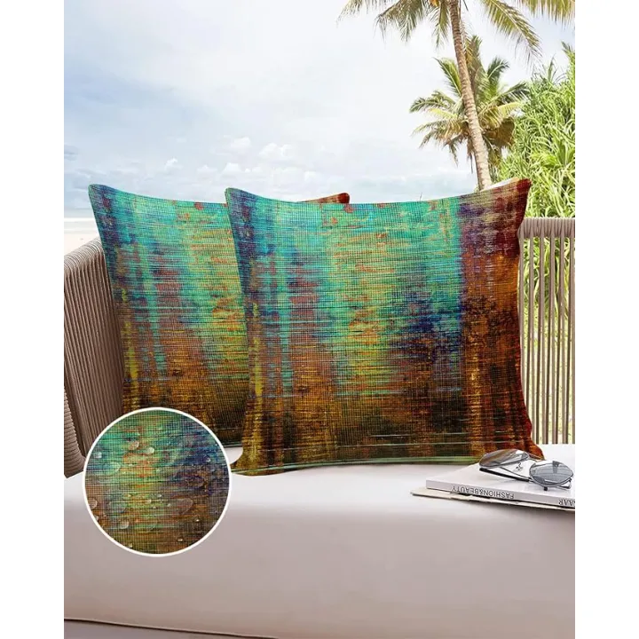 Abstract Vintage Geometric Stripe Oil Painting Outdoor Pillow Cover 18x18 Inch Cushion Sham Case, Waterproof Decorative Square Throw Pillowcase for Outside Garden Patio Porch Couch Chair Tent