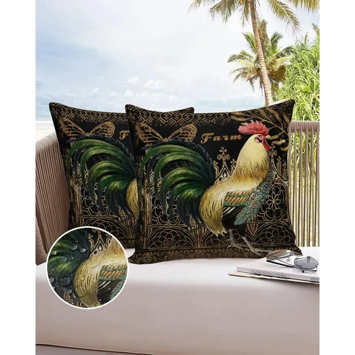Farm Animal Cock Outdoor Pillow Cover 24x24 Inch Cushion Sham Case, Vintage Butterflies Flower Backdrop Waterproof Decorative Square Throw Pillowcase for Outside Garden Patio Porch Couch Chair Tent