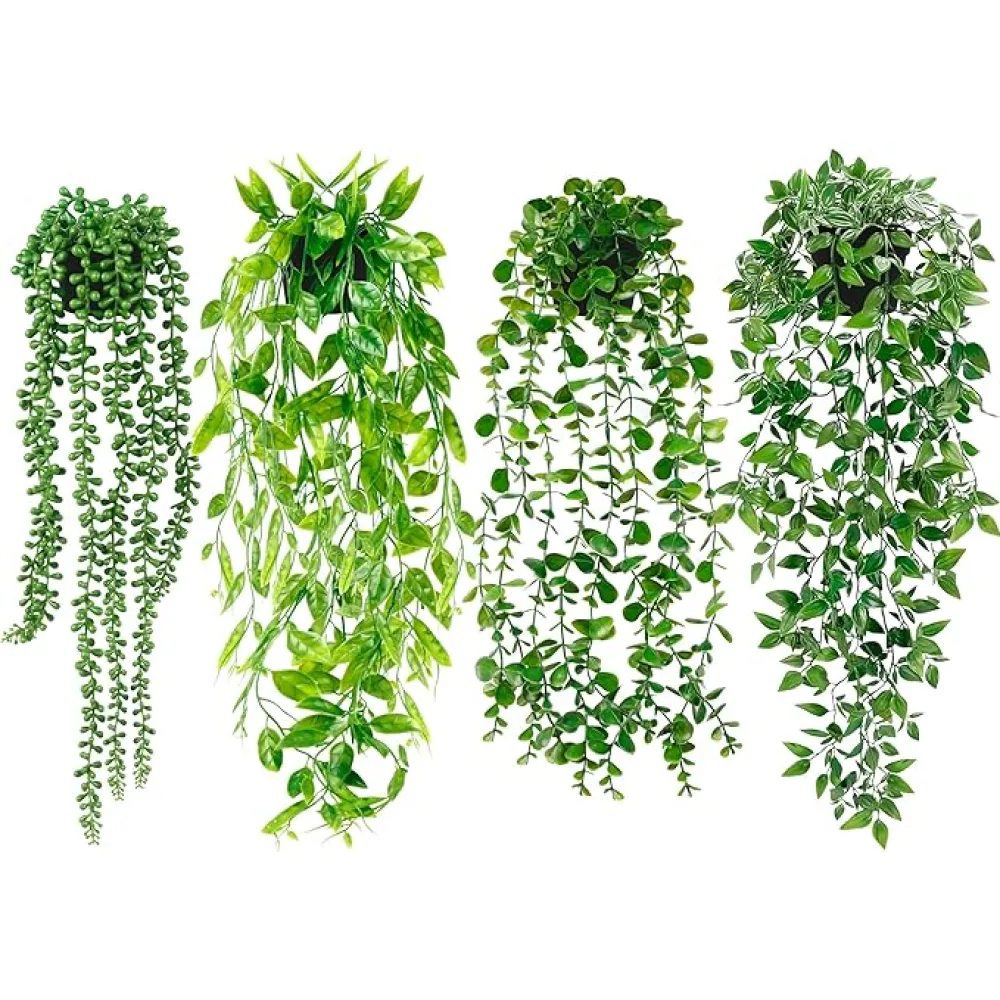 Artificial Hanging Plants for Shelf, 4 Pack Fake Potted Greenery Faux Eucalyptus Vine, Mandala Vine, String of Pearls,Pea pod Leaves in Pot for Office Living Room Bathroom Indoor Outdoor Décor