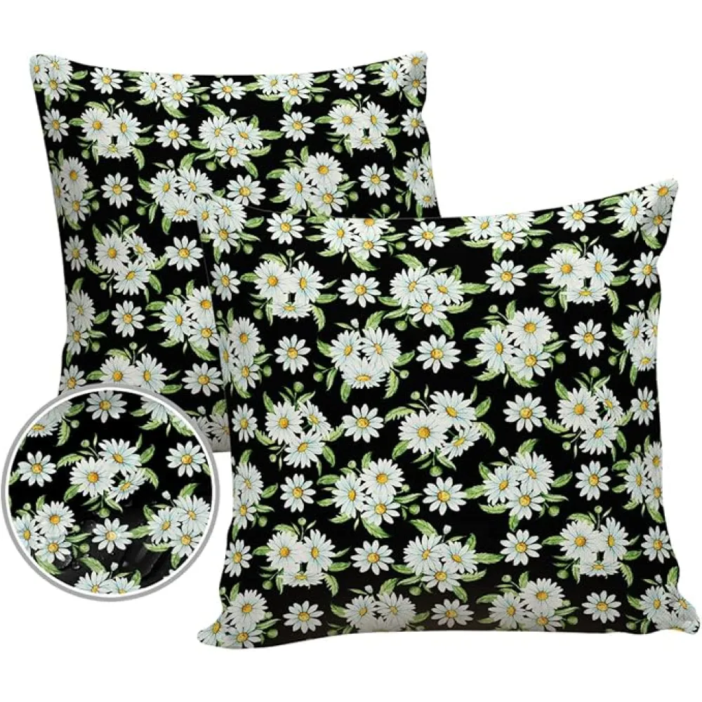 Outdoor Waterproof Throw Pillow Covers 24x24Inch, Spring Daisy Floral Cushions for Garden Patio Furniture Chairs Set of 2, Flowers Leaf Home Decor Couch Sofa Polyester Pillow Cases