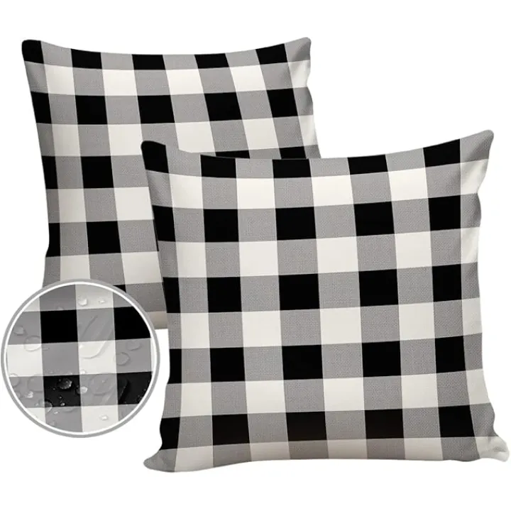 Outdoor Waterproof Pillow Covers for Patio Furniture Buffalo Check Decorative Throw Pillow Cover Black White Plaid Rustic Pillowcases Set of 2 Cushion Case for Sofa Couch Chair Home Decor 18 x 18 Inch