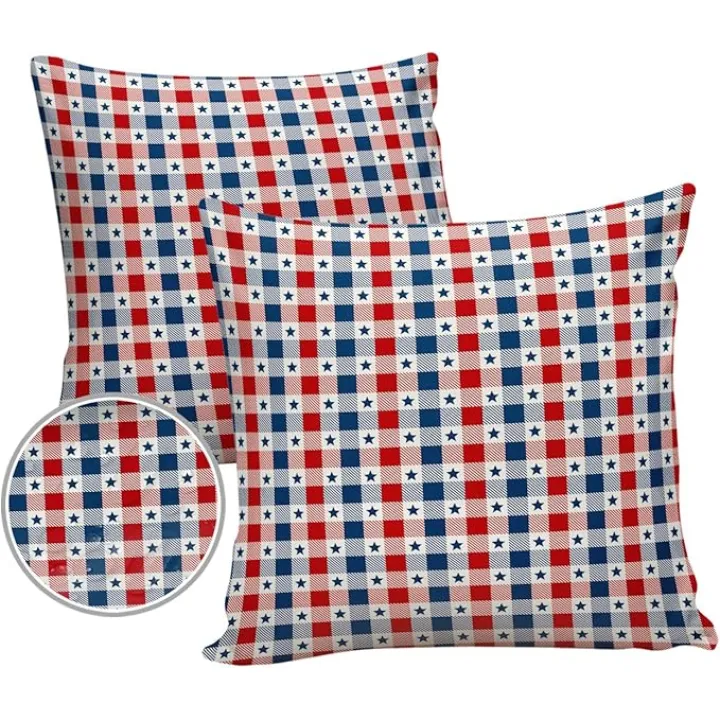 Outdoor Throw Pillow Cover Classic Buffalo Tartan Gingham Patriotic Blue Stars on White Waterproof Cushion Covers 2 Pack 4th of July Pillow Cases Home Decoration for Patio Garden Couch Sofa