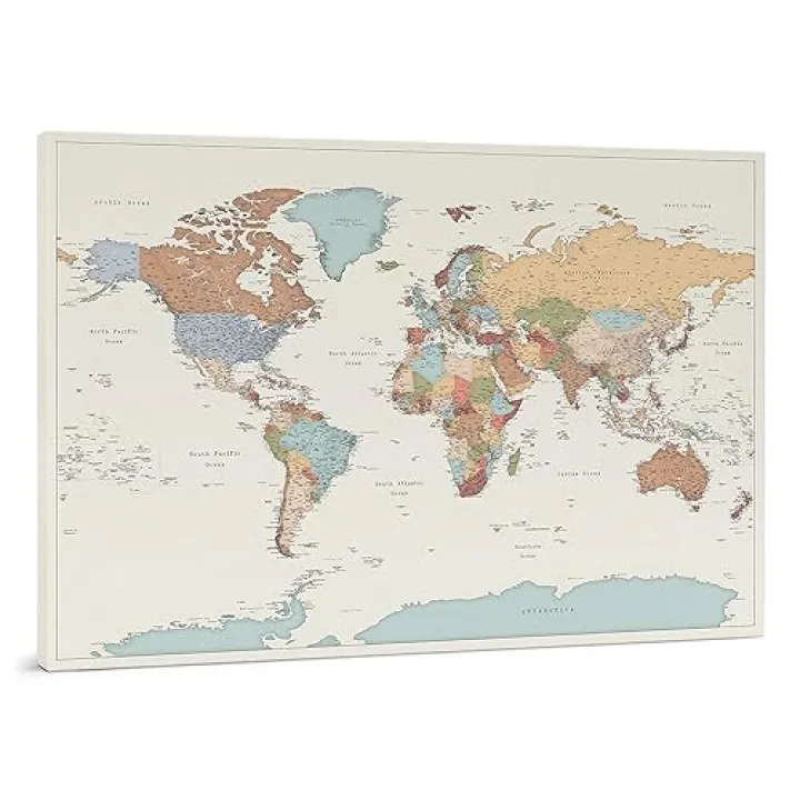 Push Pin Travel Map - Detailed World Map with Pins - Canvas Pinboard Map to Hang & Pin - Mark Places You've Been - Options to Personalize (Medium (39,3x27,5 in / 100x70 cm), Colorful)