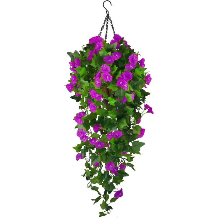 Artificial Fake Hanging Flowers Plants Basket for Spring Outdoor Outside Decoration, UV Resistant Faux Plastic Fabric Flower Morning Glory Wisteria Petunia for Garden Porch Patio Balcony Yard Decor