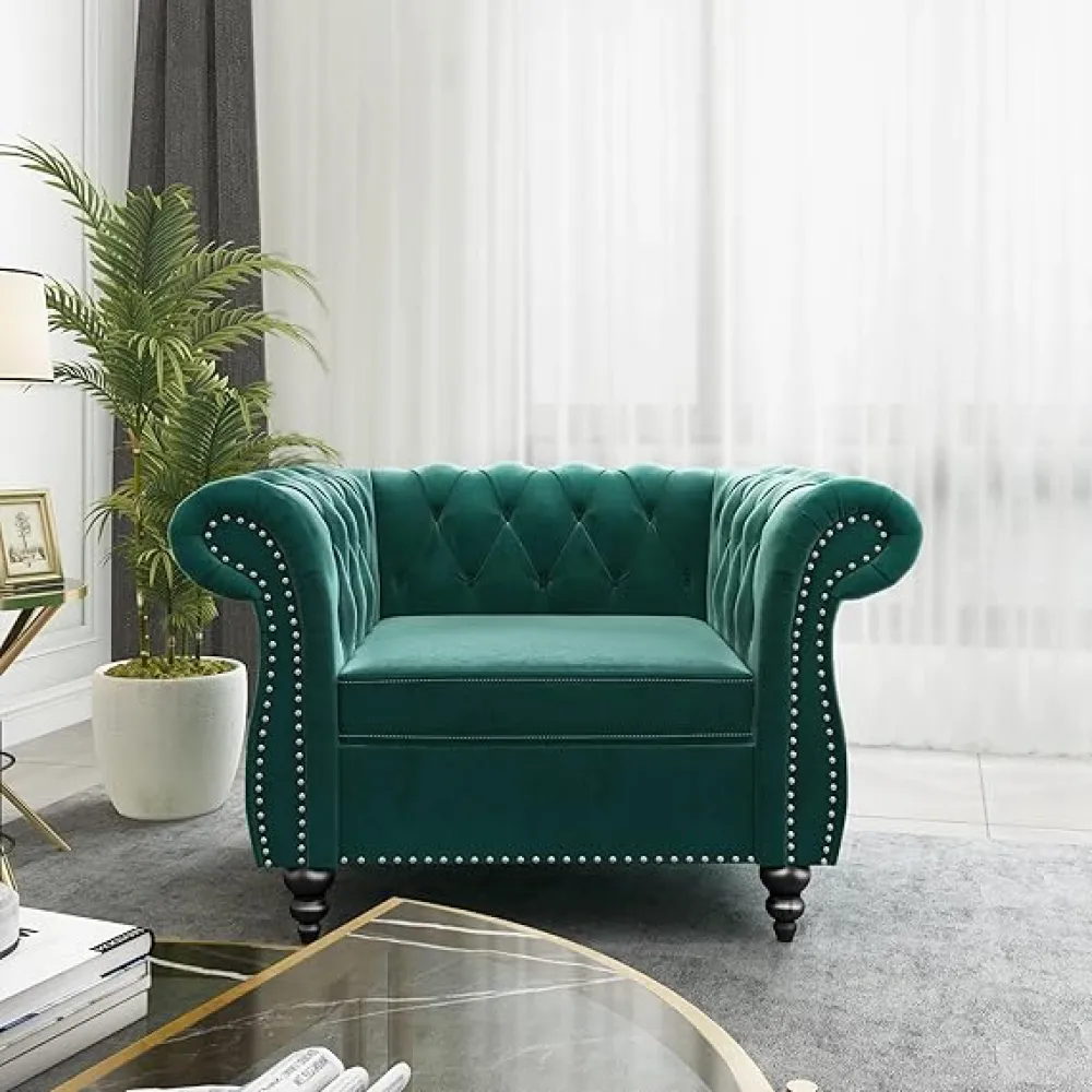 RARZOE Contemporary Velvet Chesterfield Chairs, Chesterfield Club Chair, Button Tufted Velvet Scrolled Arms Accent Chair with Nailhead Trim for Living Room Bedroom Office(Green)