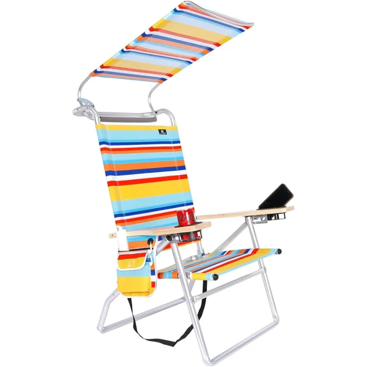 Deluxe 4 Reclining Positions Lightweight High Aluminum Beach Chair with Canopy Shade for Adults, Drink Holder, Storage Pouch