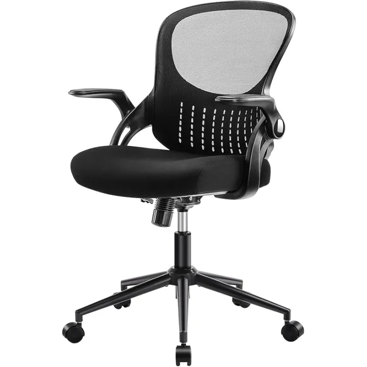 Office Computer Gaming Desk Chair, Ergonomic Mid-Back Mesh Rolling Work Swivel Chairs with Flip-up Arms, Comfortable Lumbar Support, Comfy Arms for Home, Bedroom, Study, Student, Adults, Black