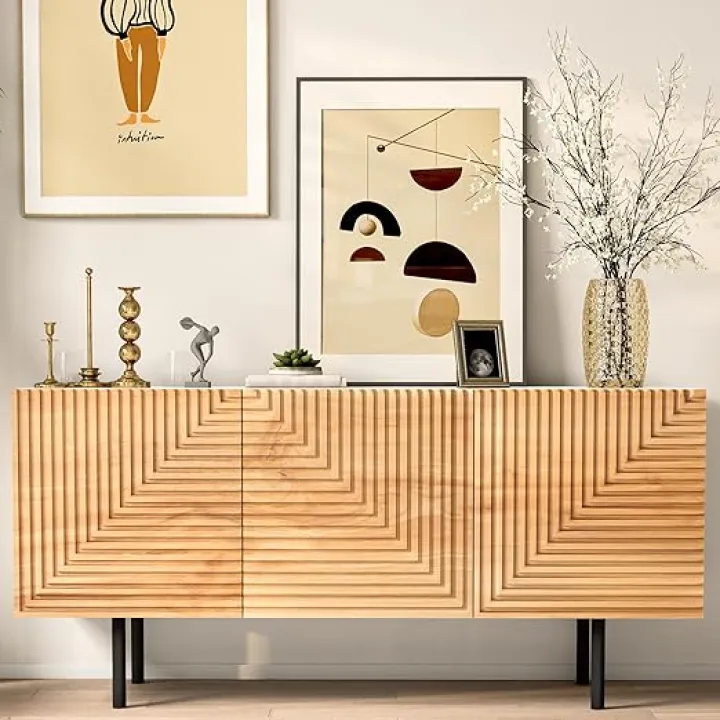 Roomfitters Mid Century Modern TV Stand for TVs up to 65", Boho Sideboard Buffet Cabinet Credenza, Media Console Entertainment Center for Living Room, Poplar Wood Print Carved and Geometric Design