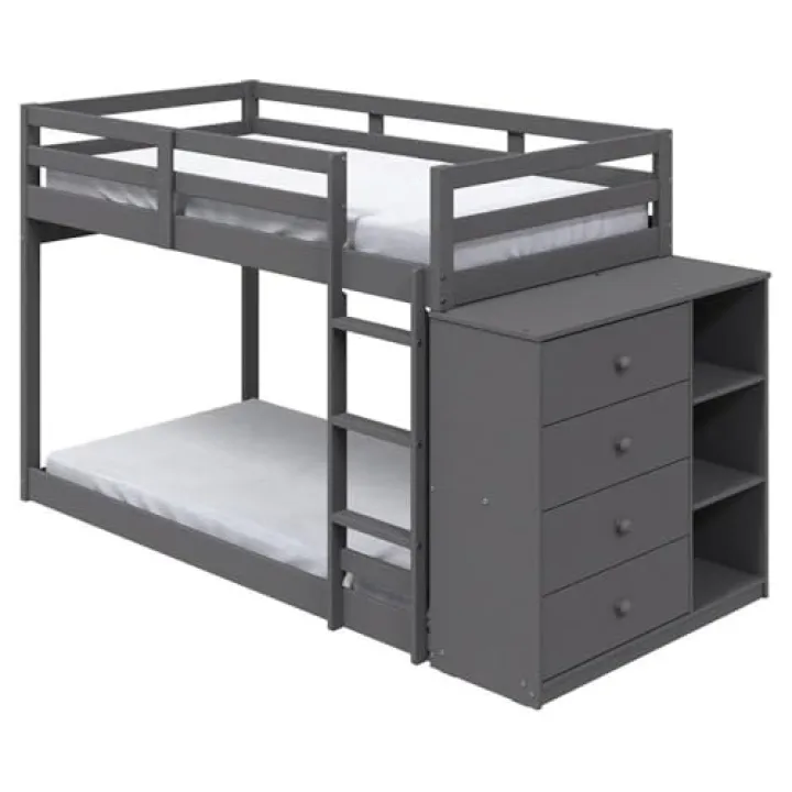 Acme Gaston Twin Over Twin Wooden Bunk Bed with Storage Cabinet in Gray