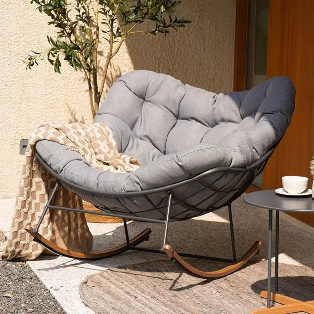 Grand patio Outdoor Rocking Chair, E-Coated Modern Cozy Lounge Rocker Chair with Cushion for Balcony Porch Patio, Gray