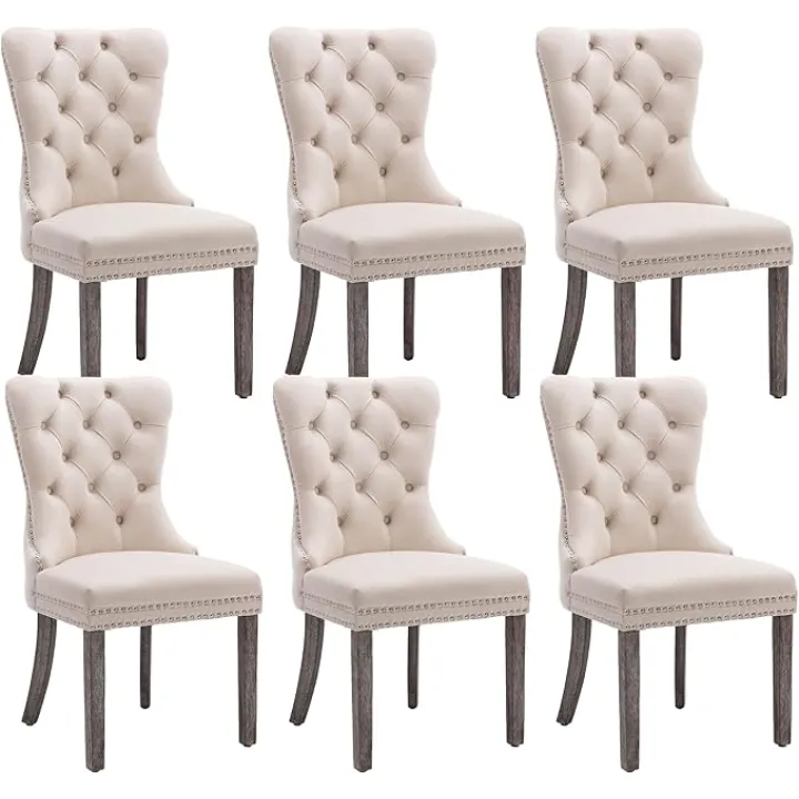 KCC Velvet Dining Chairs Set of 6, Upholstered High-end Tufted Dining Room Chair with Nailhead Back Ring Pull Trim Solid Wood Legs, Nikki Collection Modern Style for Kitchen, Beige