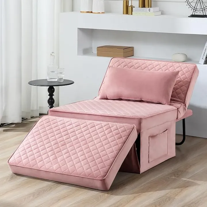 Sofa Bed, 4 in 1 Multi-Function Folding Ottoman Breathable Velvet Couch Bed with Adjustable Backrest Modern Convertible Chair for Living Room Apartment Office,Squared-Pink