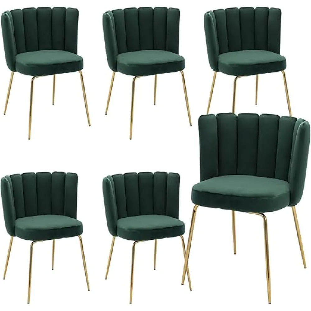 Dining Chairs Set of 6 Modern Velvet Accent Chairs Upholstered Host Side Chairs with Gold Metal Legs for Home Kitchen Living Room, Green