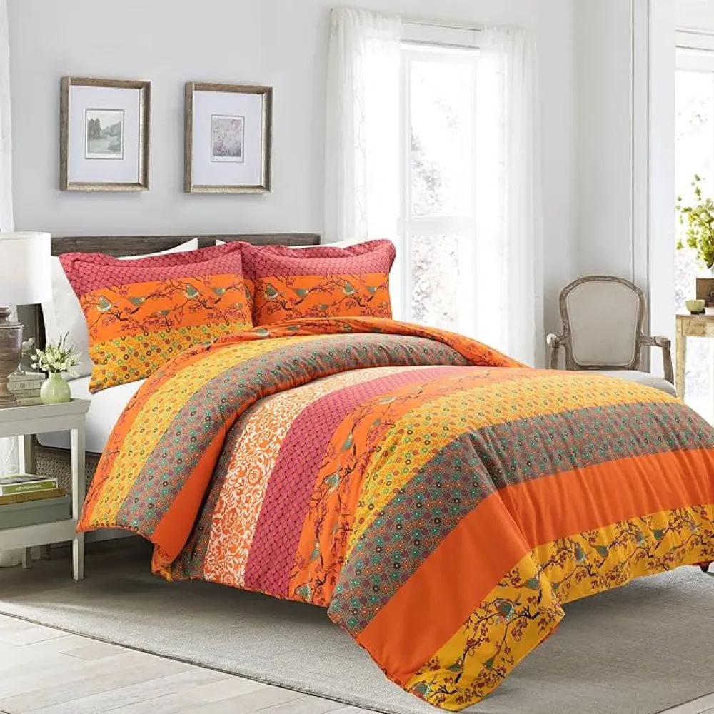 Lush Decor Royal Empire Reversible Cotton Duvet Cover Set, 3 Piece Set Full/ Queen, Tangerine - Striped Bedding Set - Queen Duvet Cover - Boho Decor - Orange Bedding