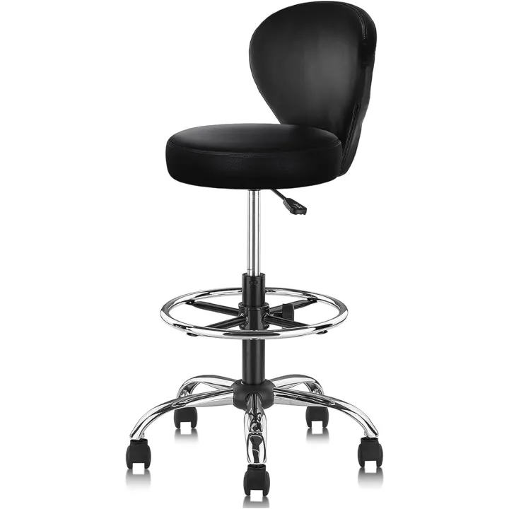 Black PVC Faux Leather Drafting Chair Rolling Swivel Salon Stool Seat Adjustable Height 36 Inch with Back Support Foot Rest Hydraulic Wide Seat for Tattoo Beauty Barber Lash 1Pack
