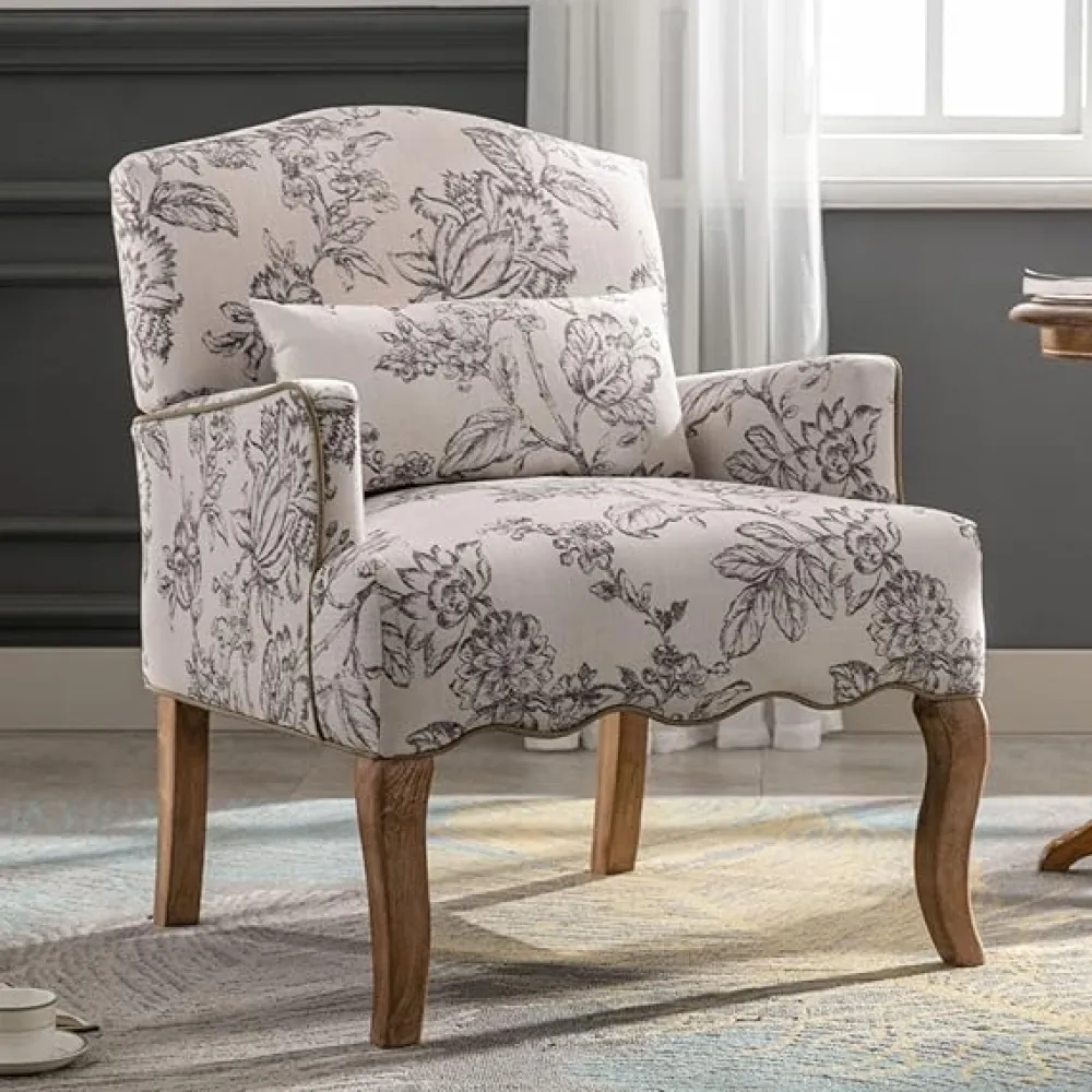Floral Accent Chair Fabric Comfy Single Sofa Upholstered Modern Reading Chair with Removable Pillow Wingback Arm Chair for Living Room/Bedroom/Fireplace, Beige