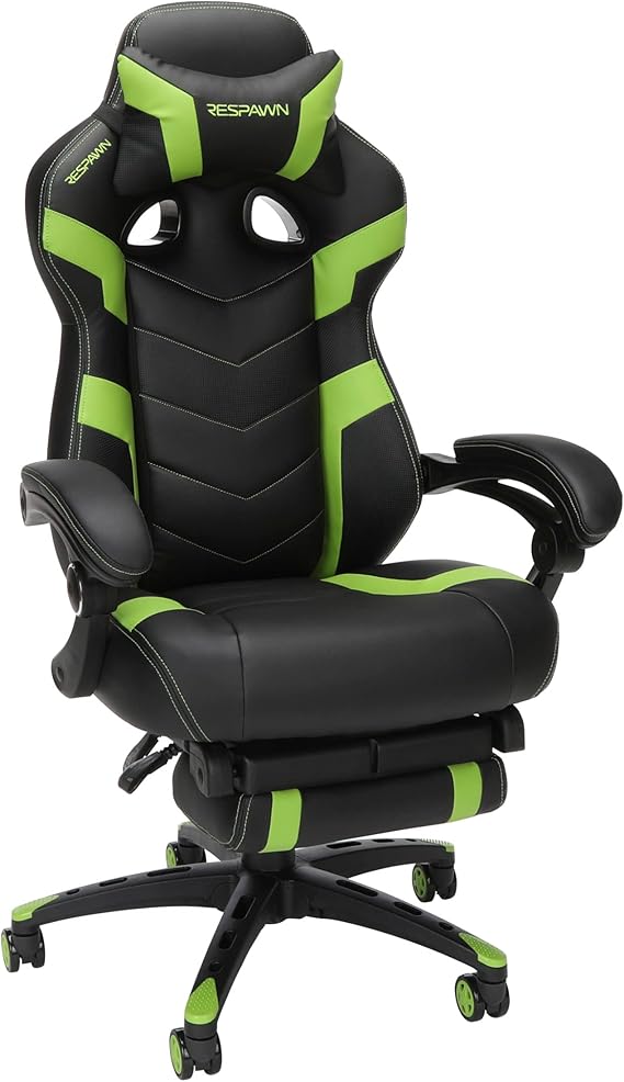 RESPAWN 110 Ergonomic Gaming Chair With Footrest Recliner - Racing Style High Back PC Computer Desk Office Chair - 360 Swivel, Lumbar Support, Adjustable Headrest Pillow, Padded Armrests - 2021 Green