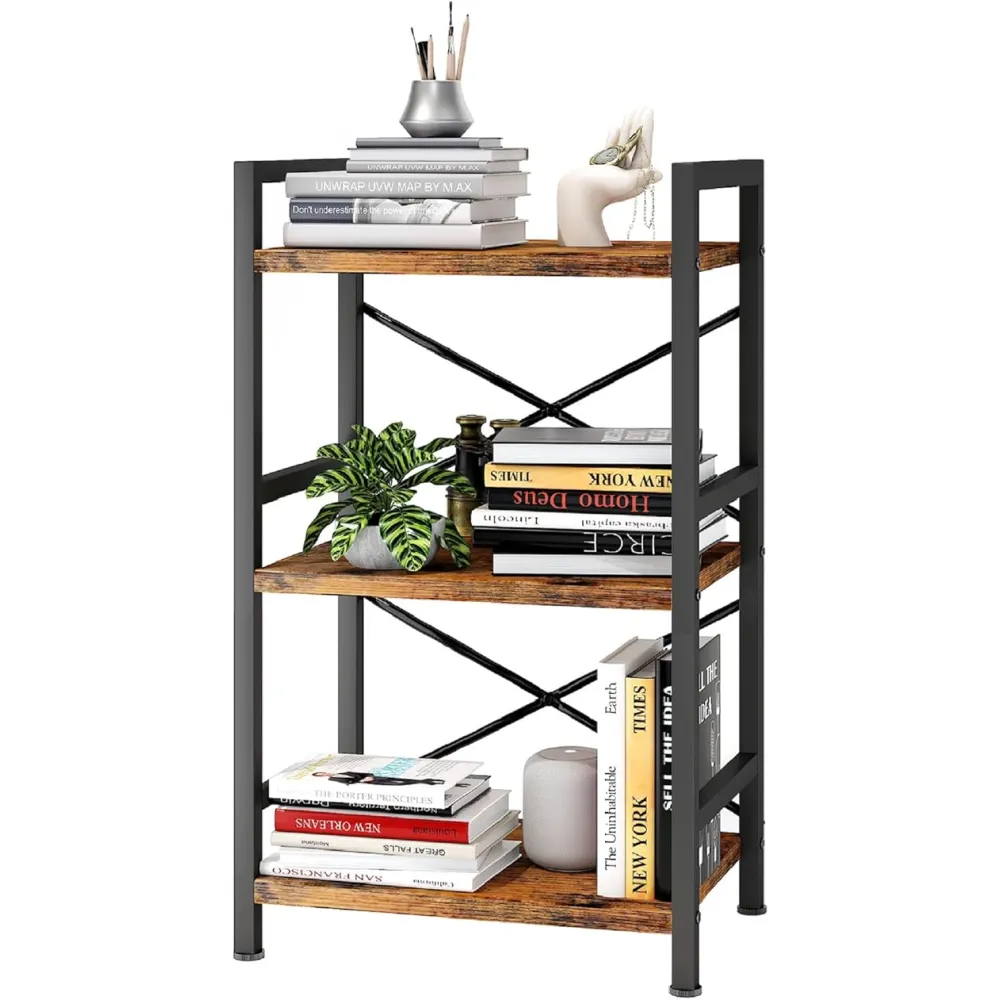 Homeiju Bookshelf, 3 Tier Industrial Bookcase, Metal Small Bookcase, Rustic Etagere Book Shelf Storage Organizer for Living Room, Bedroom, and Home Office(Rustic Brown) Patent Pending D29873033