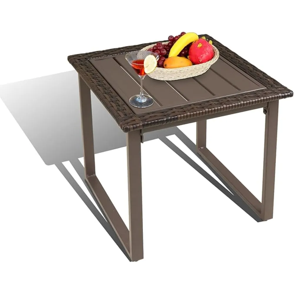 Wicker Outdoor Side Table Metal Patio Coffee Table, Square End Table with Wicker Edge & Slatted Metal Top, for Lawn Garden Backyard, Brown