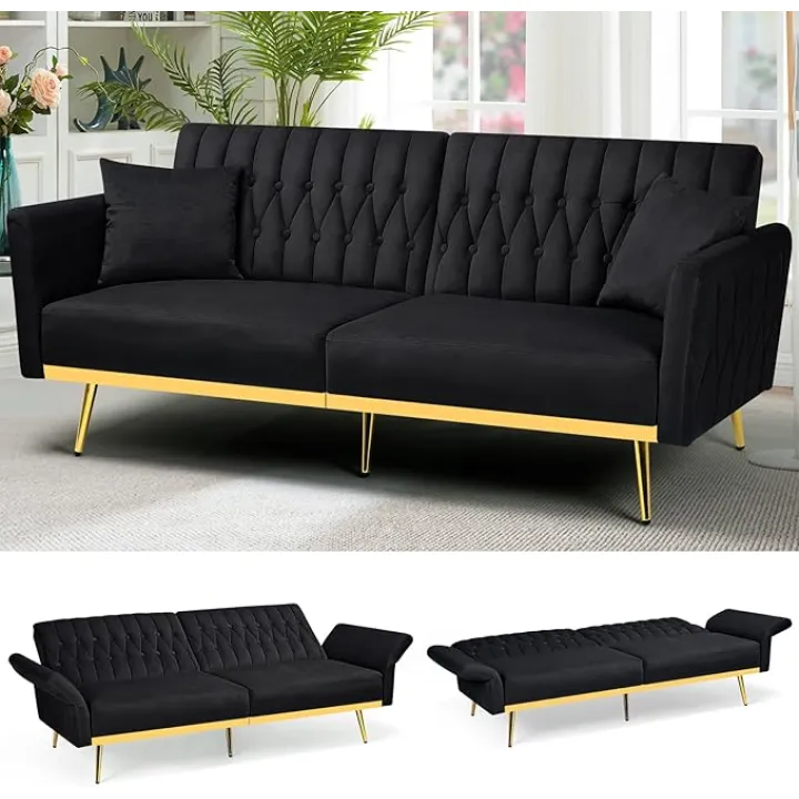 70” Velvet Futon Sofa Bed with 2 Pillows and Adjustable Armrests, Convertible Sleeper Bed W/Adjustable Backrests, Modern Loveseat for Living Room, Bedroom, Black