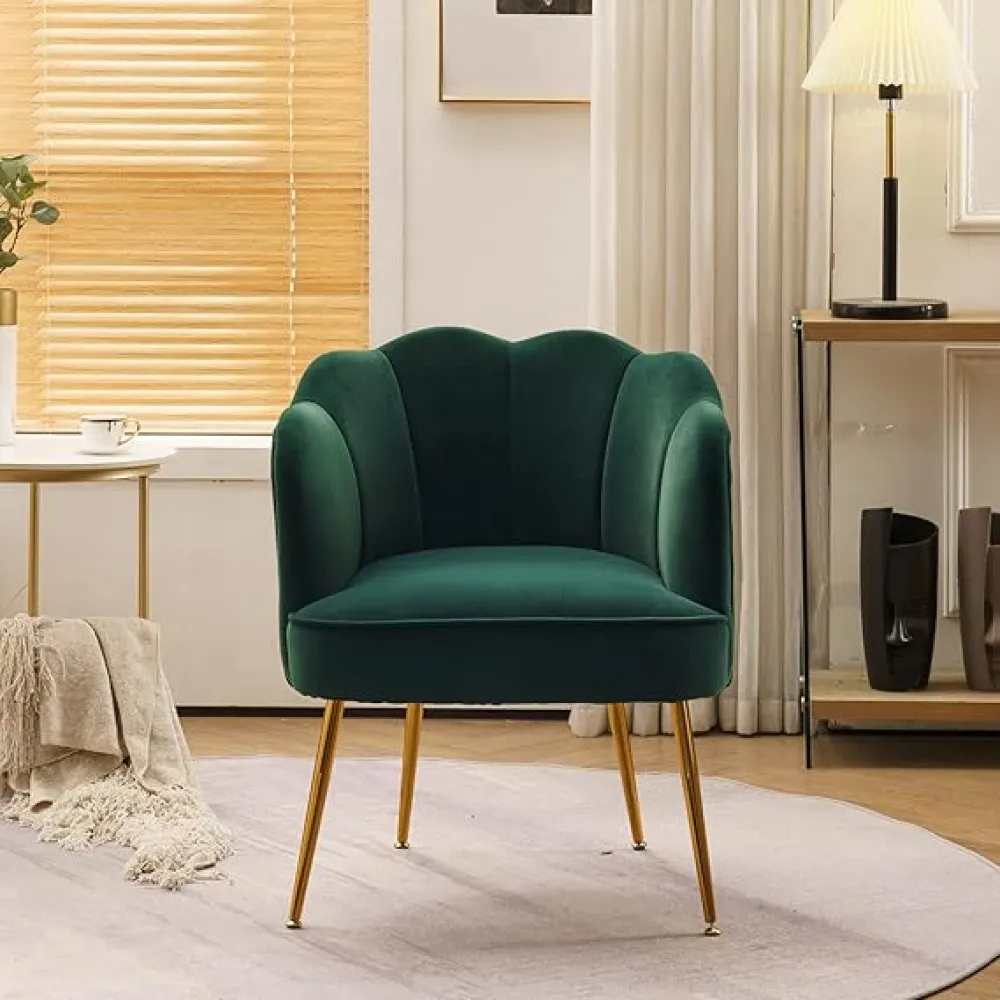 Mid Century Modern Flower Shape Accent Chair, Bedroom Armchair with Golden Metal Legs Upholstered Armchair Tufted Leisure Chair Single Sofa Chair, for Living Room, Home Office, Bedroom, Reading Room