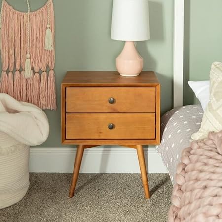 Stylish Caramel Mid Century Modern Nightstand 24'' H X 20'' W X 14'' D Size, Made of Beautifully Stained Pine and Antique-Finished | All Season Solid Wood Frame, Pretty Almond Shade, Highly Durable